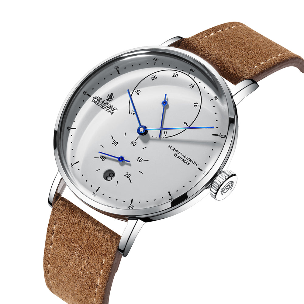 SENORS Men's Automatic Watch, 22 Jewels 35-Hour Power Reserve, Blue Hands & White Dial, Brown Suede Strap, Dress Watch for Daily Wear