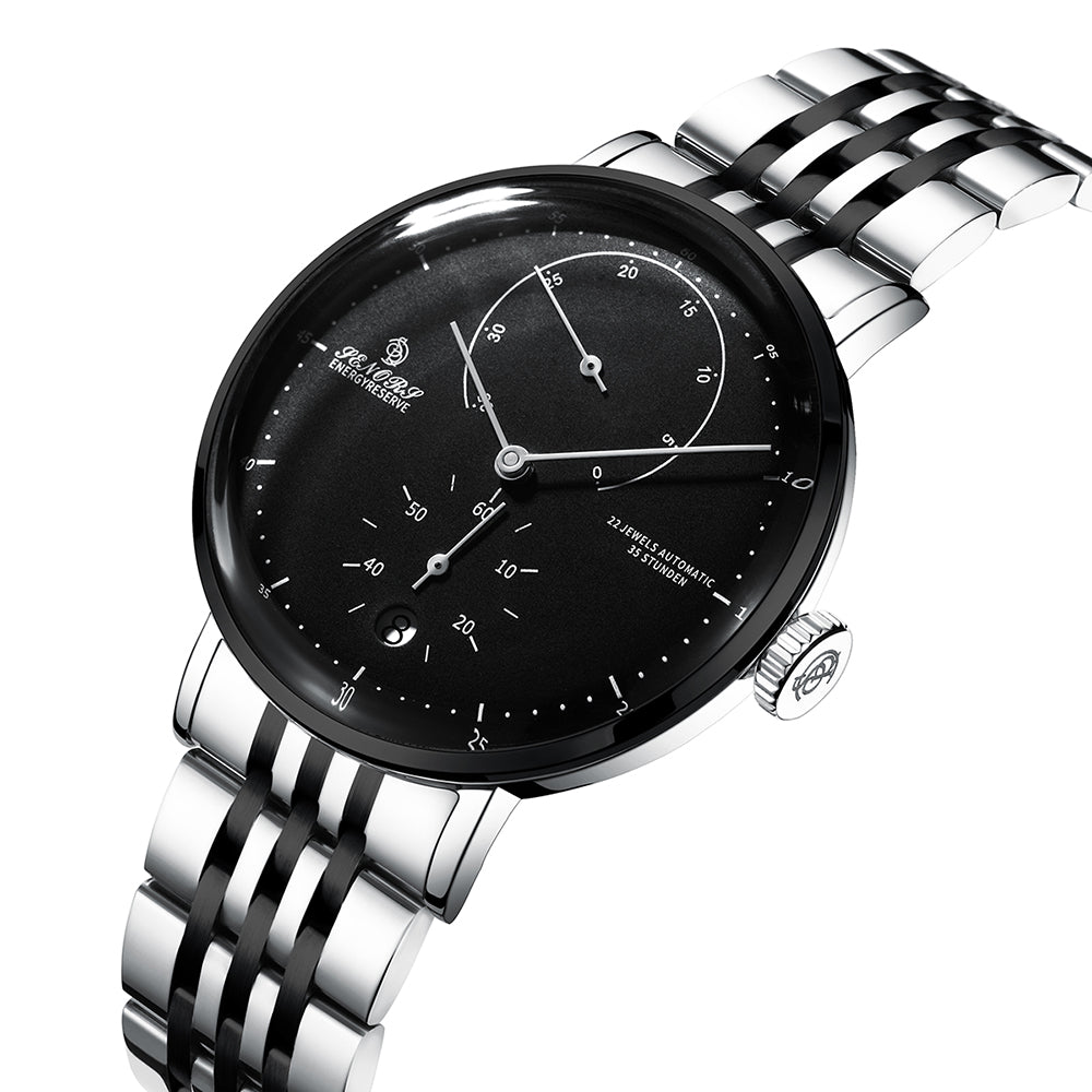 SENORS Men's Automatic Dress Watch with 35H Power Reserve, Black Dial & Stainless Steel Bracelet