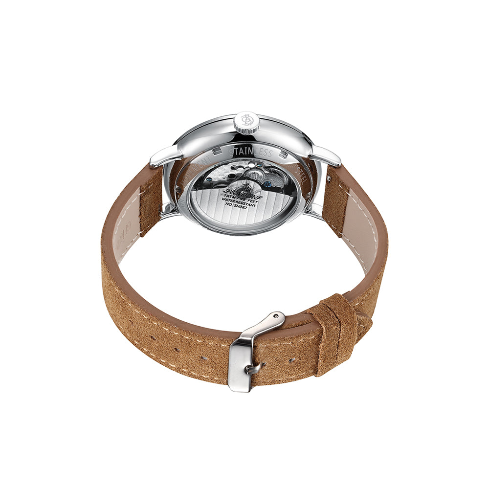 SENORS Men's Automatic Watch, 22 Jewels 35-Hour Power Reserve, Blue Hands & White Dial, Brown Suede Strap, Dress Watch for Daily Wear