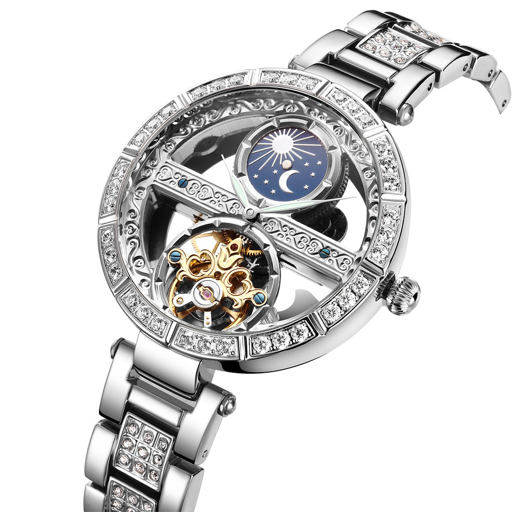 SENORS Women's Skeleton Automatic Mechanical Watch with Moon Phase & Diamond Bezel