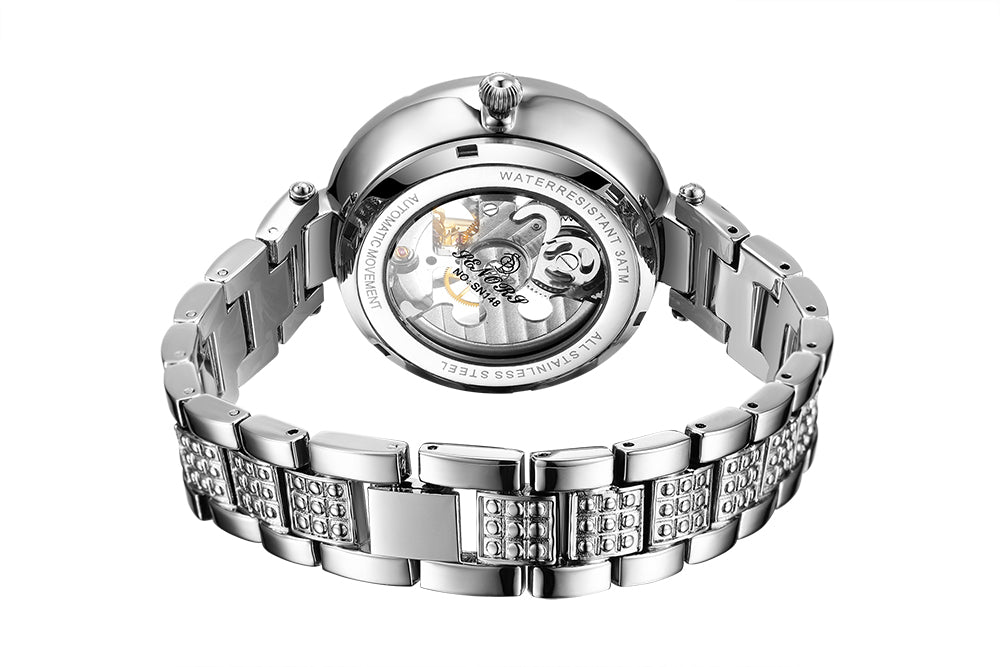 SENORS Women's Skeleton Automatic Mechanical Watch with Moon Phase & Diamond Bezel