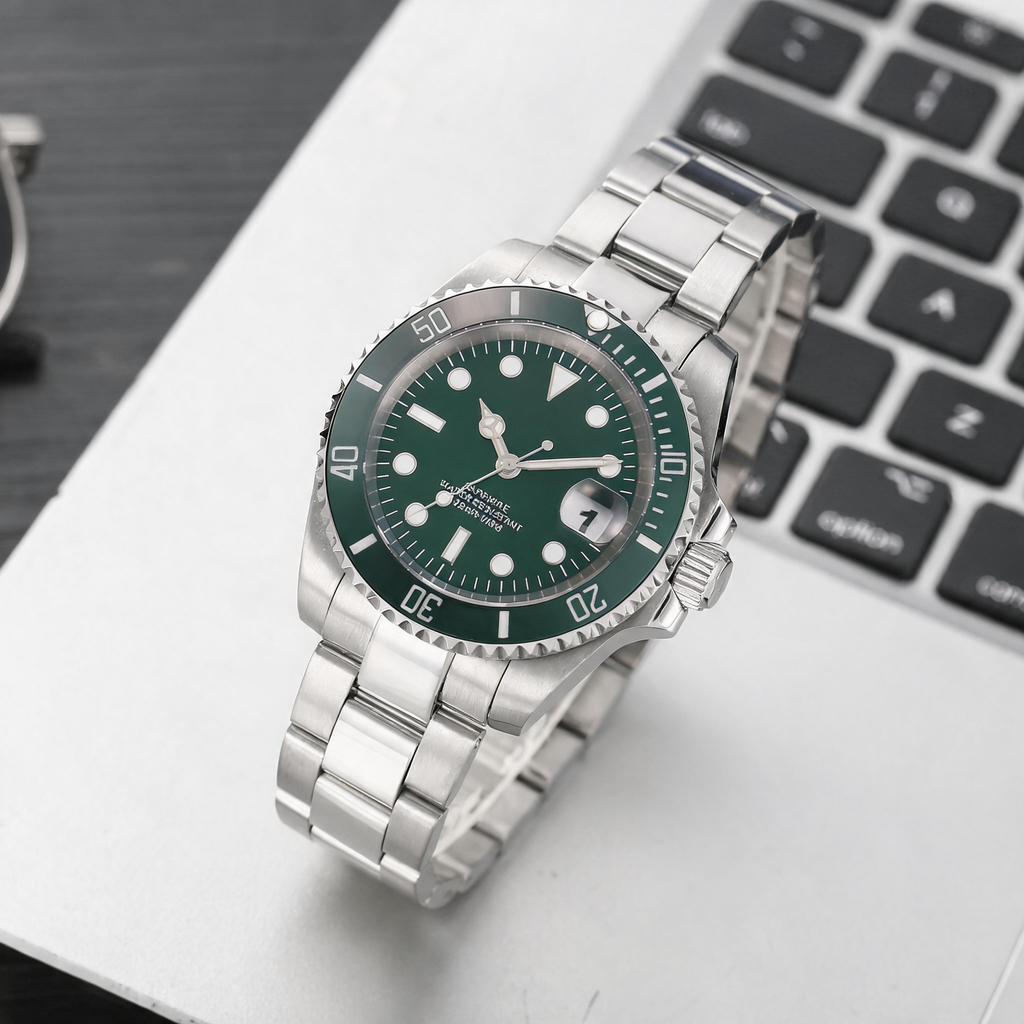 Men's Diver Watch, Green Dial & Bezel, 316L Stainless Steel Bracelet, 50M Water Resistant, Sapphire Crystal, Date Display, Classic Sport Automatic Wristwatch