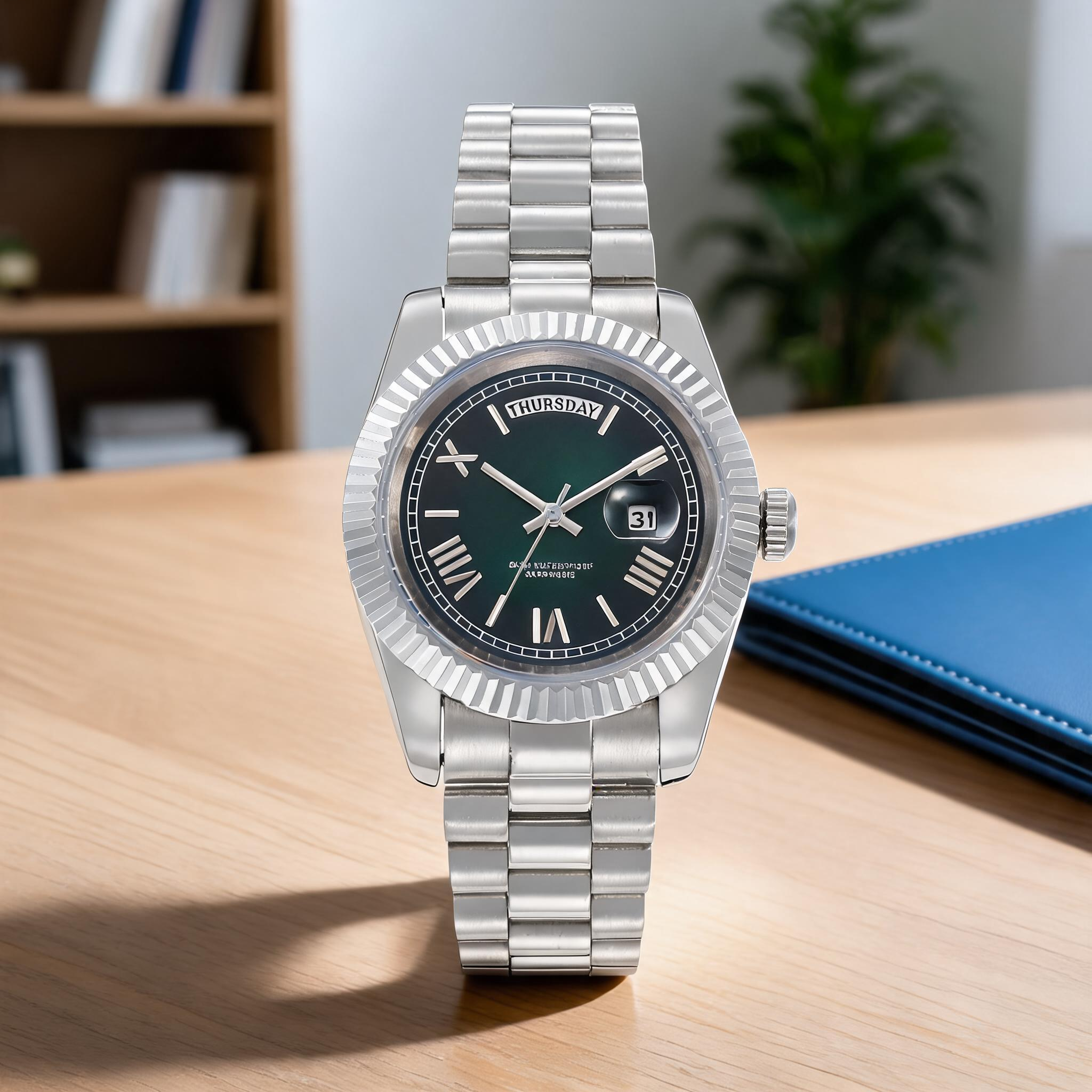 Classic Stainless Steel Day-Date Watch, Black-to-Green Gradient Dial with Roman Numerals, 50M Waterproof, Presidential Style Automatic Watch