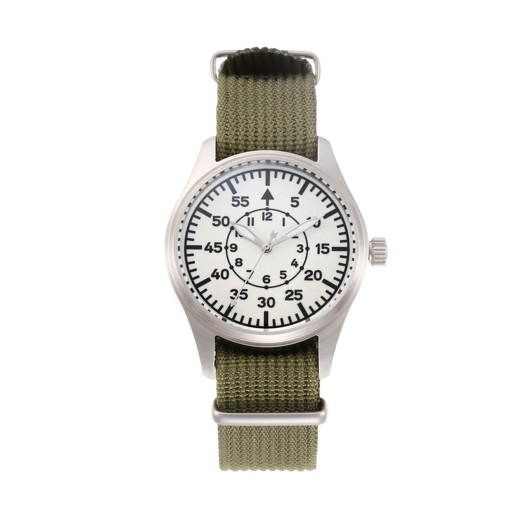 SENORS Vintage Military Pilot Watch with White Dial and Olive Green Nylon Strap
