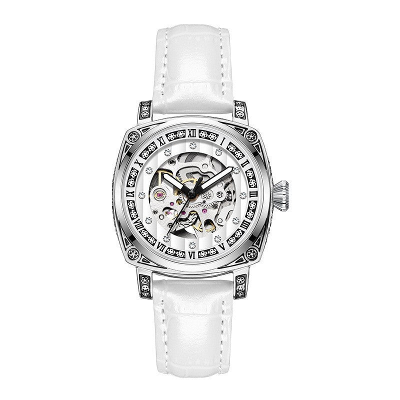 Skeleton Mechanical Watch for Women Silver Stainless Steel Roman Numerals Diamond Accent