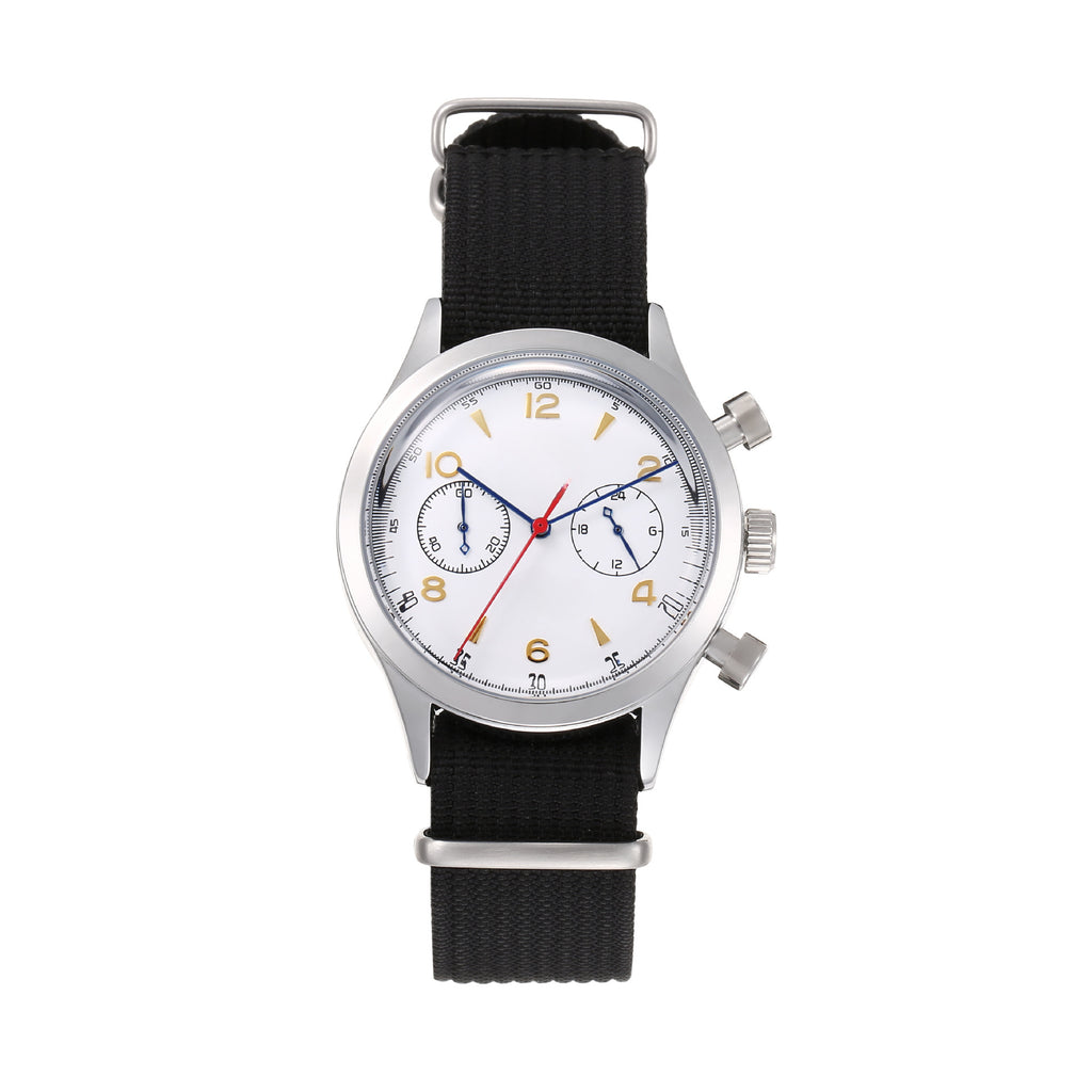 Vintage Military Chronograph Watch for Men, Cream Dial with Olive Green Nylon Strap, Stainless Steel Case