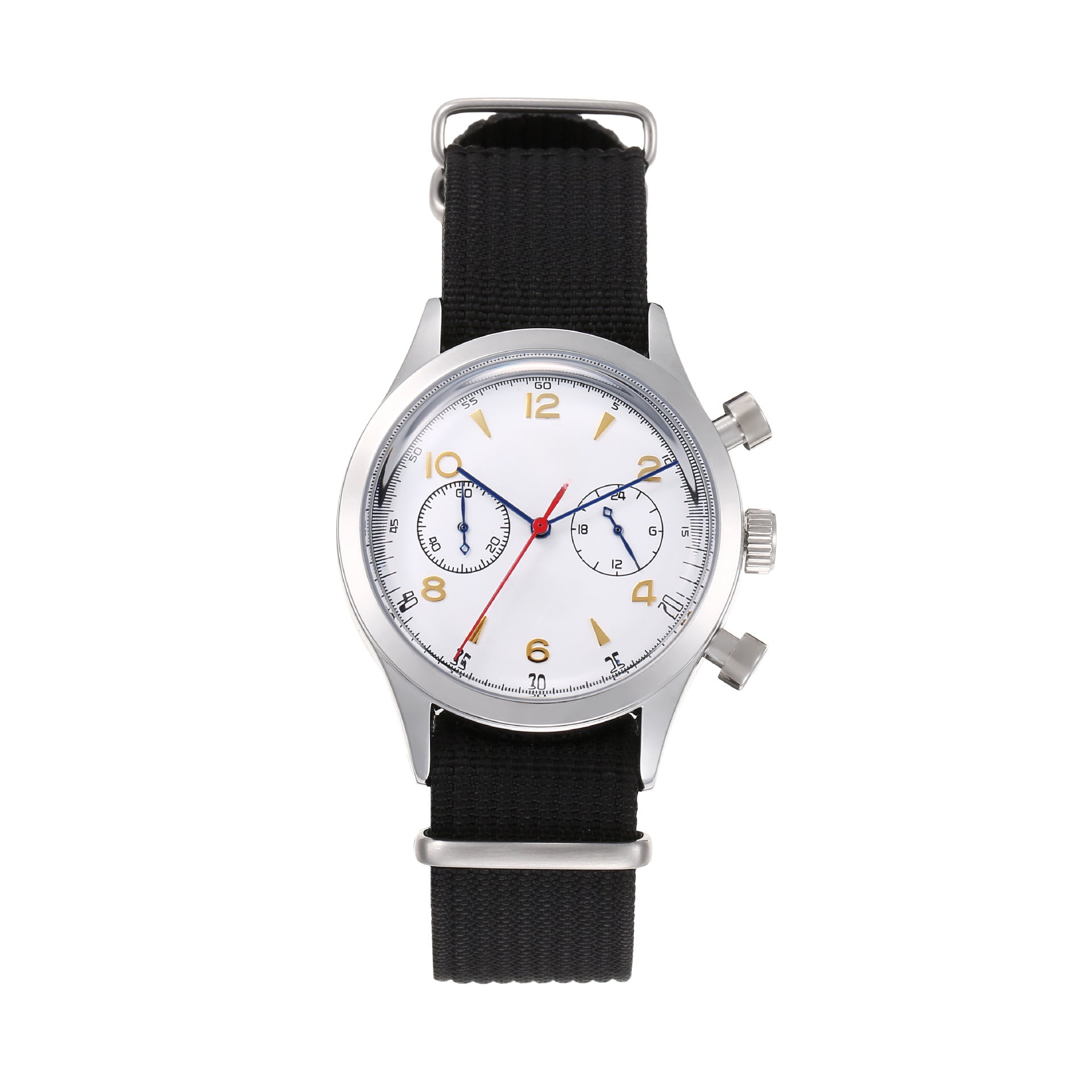Vintage Military Chronograph Watch for Men, Cream Dial with Olive Green Nylon Strap, Stainless Steel Case