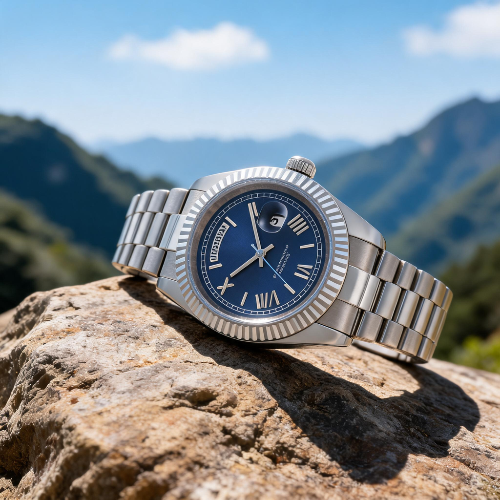Silver Tone Oyster Perpetual Inspired Watch, Blue Roman Dial, Day & Date Window, Sapphire Crystal Mechanical Watch for Men
