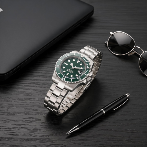 Men's Diver Watch, Green Dial & Bezel, 316L Stainless Steel Bracelet, 50M Water Resistant, Sapphire Crystal, Date Display, Classic Sport Automatic Wristwatch